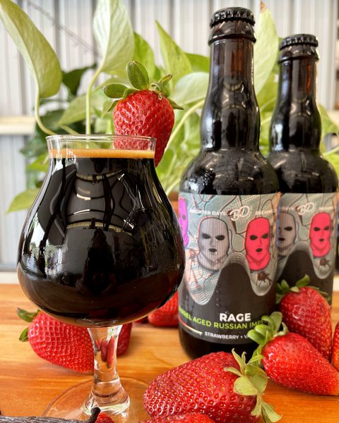 Rage bottles and a dark pour with strawberries and vanilla beans