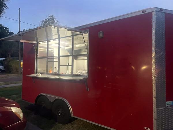 Red food trailer at the brewery